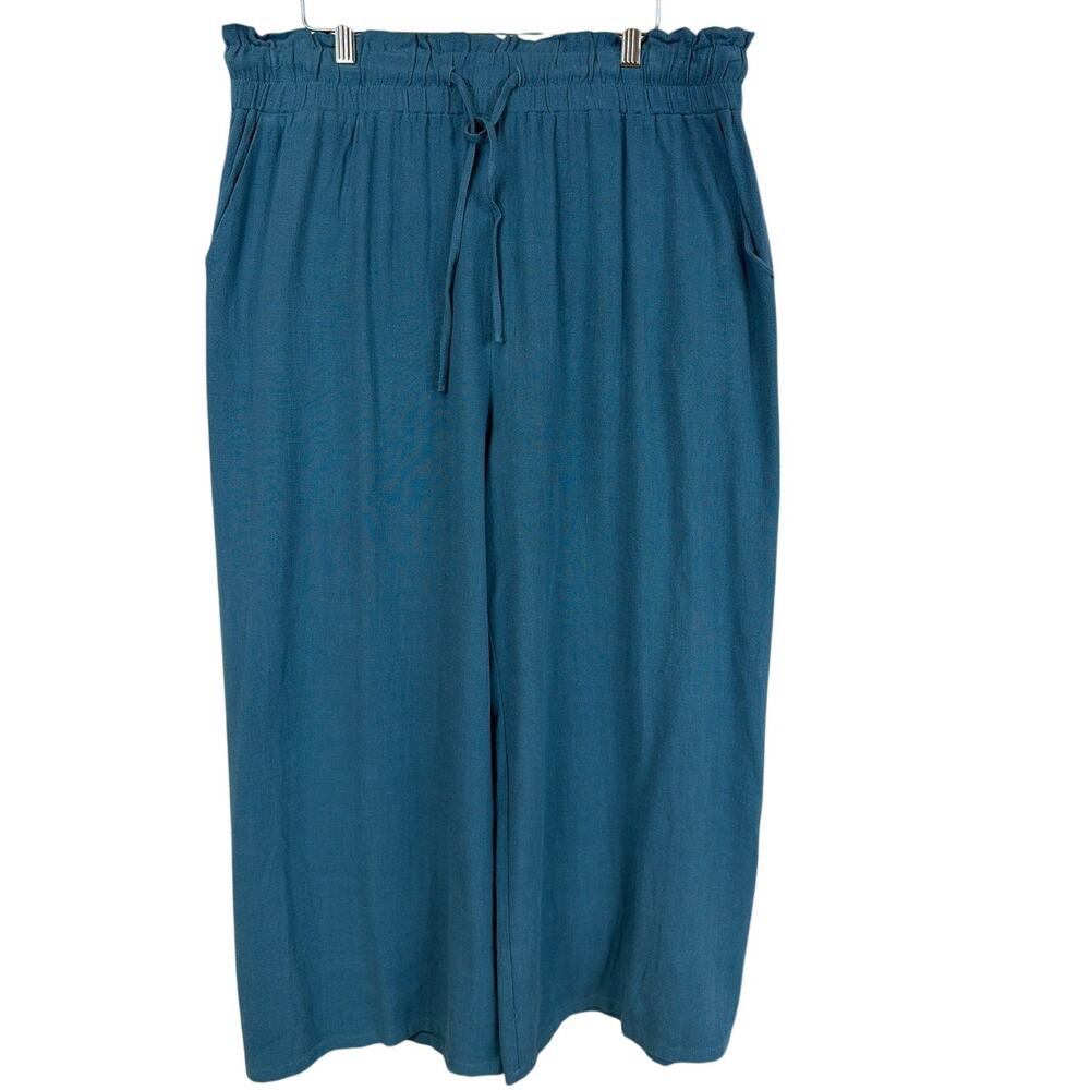 NWT Anrabess Blue Linen Blend Elastic Waist Drawstring Wide Leg Pants XXL